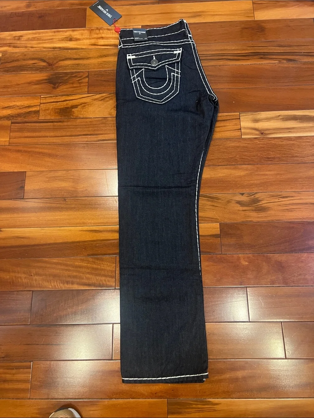 True Religion Rickey Straight  Blue Denim Jeans with White Contrast Stitching